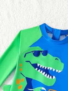 幼儿/婴儿男孩连体长袖连帽泳衣，卡通印花沙滩/游泳装 - 藍色 - 查看 6