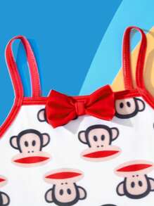 Paul Frank X SHEIN Traje de baño de una pieza con estampado de monos y lazo decorativo, adecuado para vacaciones de verano para niñas jóvenes - Multicolor - Ver 6