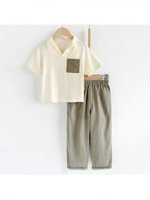 Loomiva 2pcs/Set Young Boy Contrast Collar Patch Pocket Pullover & Solid Color Pants Set - Multicolor - View 1