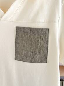 Loomiva 2pcs/Set Young Boy Contrast Collar Patch Pocket Pullover & Solid Color Pants Set - Multicolor - View 3