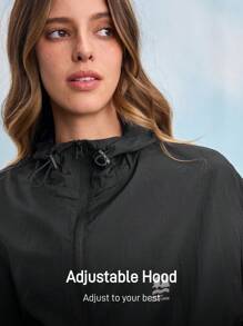 In My Nature 女式休闲抽绳连帽轻便夹克，百搭户外徒步女装 - 黑色 - 查看 8