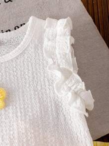 SHEIN Conjunto de colete e short amarelo com babados, malha jacquard marfim, para meninas pequenas, roupa de verão fofa e adorável para bebês