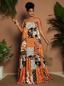 Maweii Vestido casual de vacaciones con estampado completo, volante en el bajo y tirantes de espagueti para tallas grandes