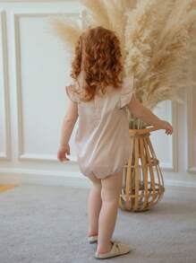 SHEIN Baby Girl Elegant Soft Korean Satin Round Neck Cap Sleeve Bodysuit, Summer - Apricot - View 2