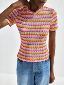 Maija 女士多色波浪条纹夏季连衣裙，浪漫休闲时尚修身圆领短袖几何波浪提花针织沙滩装，波西米亚风沙滩裙，波浪条纹优雅上衣，休闲办公服饰 - 彩色 - 查看 5