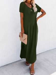 EMERY ROSE 女式休闲纯色高开叉短袖中长连衣裙，夏季 - 軍綠色 - 查看 6