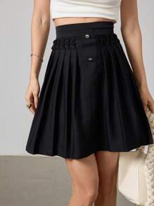 Heiryn Women's Solid Color Button Design Pleated Short Skirt, Elegant - Black - View 5