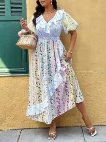 Breezaya Rochie ocazională de vacanță, cu decolteu în V, cu mâneci bufante - Albastru - Vizualizare 4