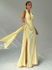 Aloruh 深 V 领迷人优雅性感露背开衩晚会长裙女式 - 淡黃色 - 查看 6
