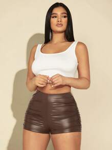 SHEIN SXY Ruched PU Leather Shorts - Chocolate Brown - View 3