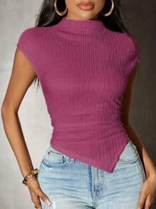 SHEIN SXY Camiseta de mujer de punto liso con bajo asimétrico para primavera