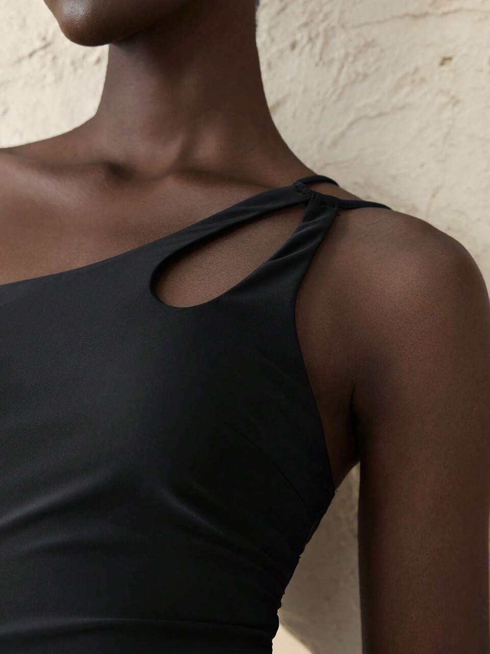 2025 New Black One-Piece Asymmetric Neck Swimsuit, Vacation Style Beach Wear With Back Strap Decoration ,Country Concert Outfit