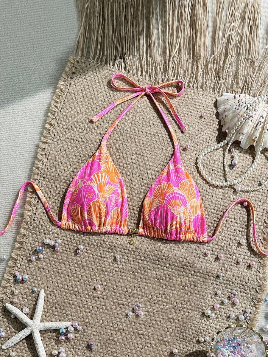 Swim Mod Summer Vacation Random Shell Print Gold Accessory Halter Triangle Cup Sexy One-Piece Swimsuit Top - Multicolor - View 1
