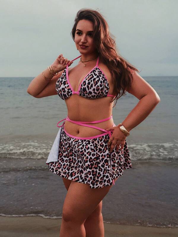 Auralis Plus Size Country Concert Outfit Summer Outfits For Women Beach Outfits For Woman Vacation Outfits Woman Boho Women's Clothing Cruise Outfits Women Beach Vacation Outfits Holiday Beach Leopard Print Contrast Color Decoration Suspender Bikini Set, Swimwear Set, Bikini Swimwear Three Pieces Set