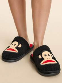 Paul Frank X SHEIN 时尚拼色猴子刺绣毛绒包头拖鞋，配羊毛衬里，刺绣可爱图案，男女通用，适合所有季节，适合室内/家居穿着