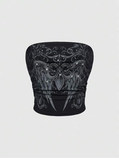 Grunge Punk Top corto da donna stile Y2K grunge con decorazioni in strass a forma di ali e croce