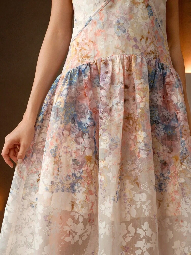 Elegant Sleeveless Cinched Waist Floral Print Slim Fit Dress, Suitable For Spring/Summer Festivals, Graduation