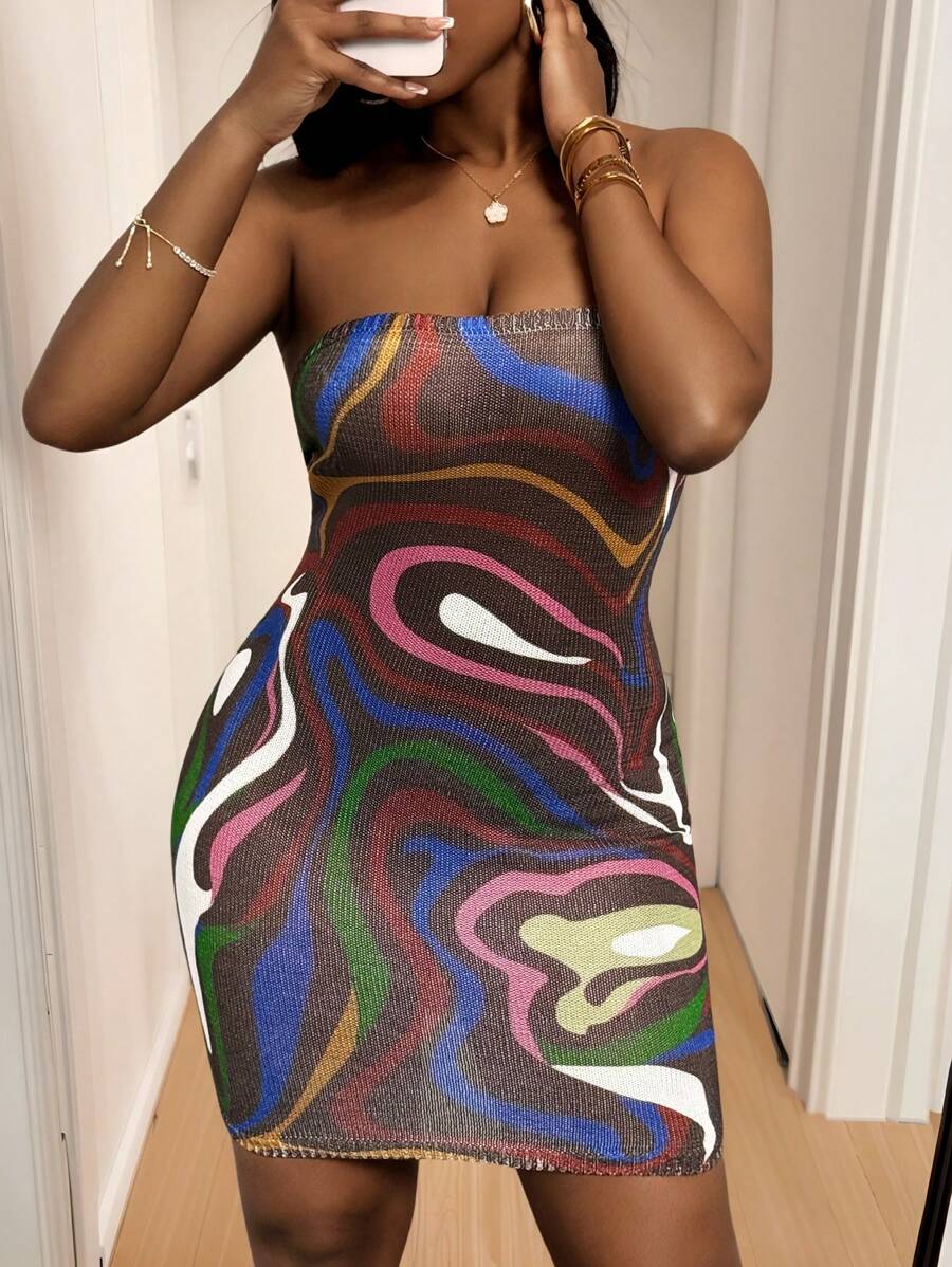 Slaydiva Women's Chic Rainbow Wave Print Tube Top Mini Sweater Dress,Brown And Pink Autumn Sleeveless Hip Skirt,Leisure Vacation Club Night Bodycon - Multicolor - View 1