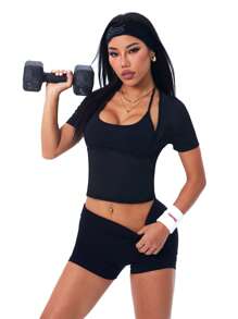 Easithlete 瑜伽吸汗纯色圆领短袖桑拿上衣 - 黑色 - 查看 6