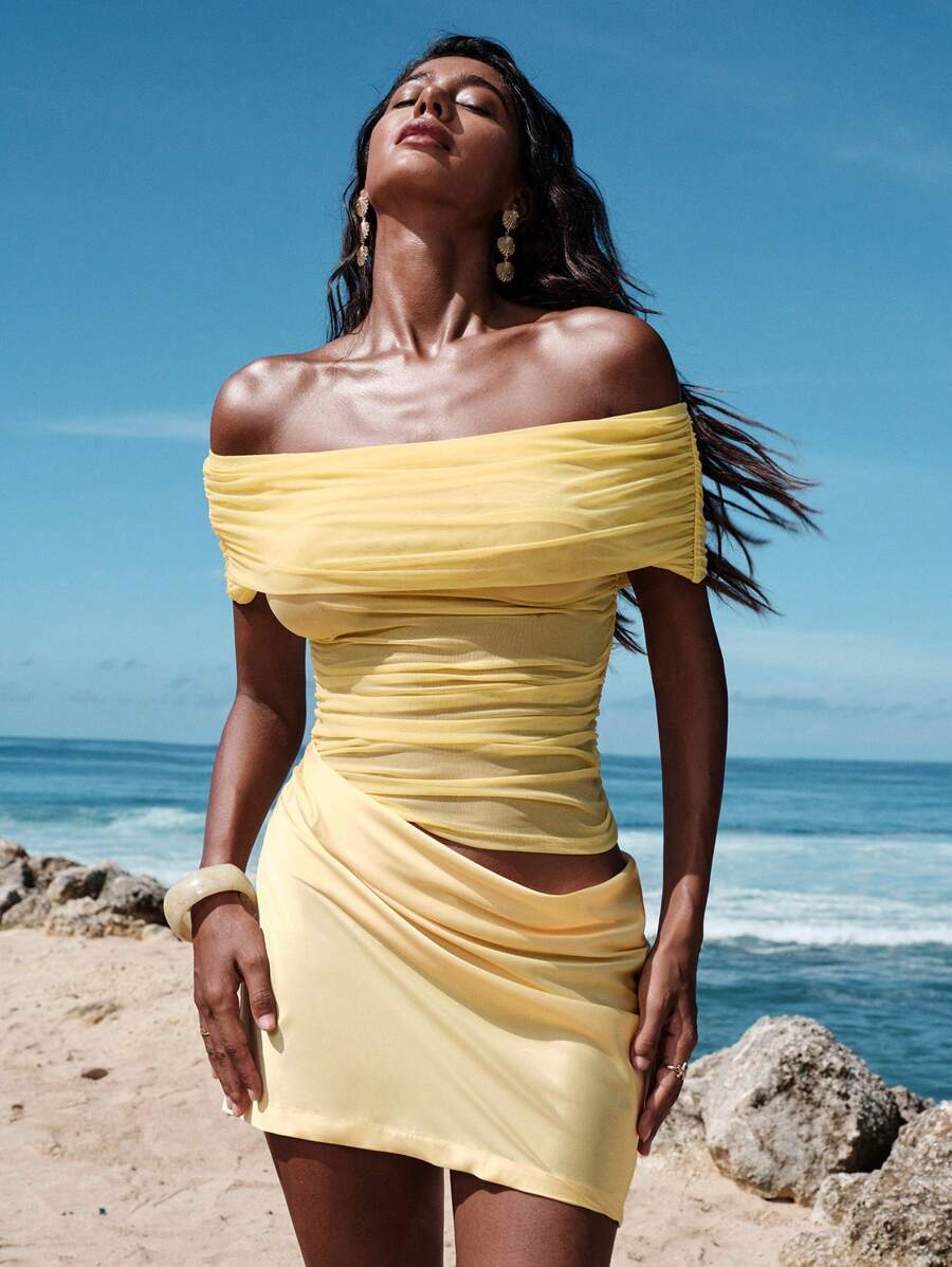 Opulessa 1 pieza Vestido mini ajustado de unicolor de punto con hombros descubiertos para mujer - Amarillo - Ver 1
