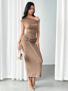Modelyn Women's Elegant Ruched Shoulder Cinched Waist Dress, Summer - Brown - View 7