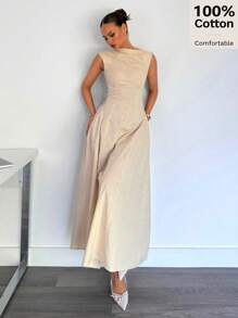 Siren Gaze 100%纯棉女士新款金属扣装饰纯色连衣裙女士正式连衣裙女士春季连衣裙女士服装女士工作服、母亲节服装、女士婚礼宾客服装、蜜月服装、女士教堂服装、优雅连衣裙、女士端庄连衣裙、度假连衣裙、奶油黄连衣裙 - 杏色 - 查看 5