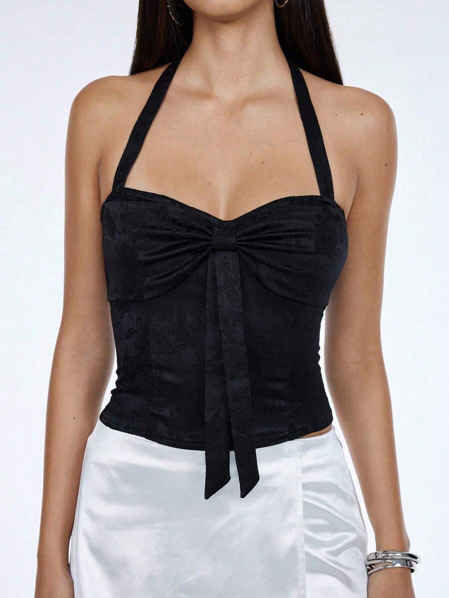 SHEIN Unity Top de mujer con textura y lazo en el frente, versátil para primavera y verano - Negro - Ver 1