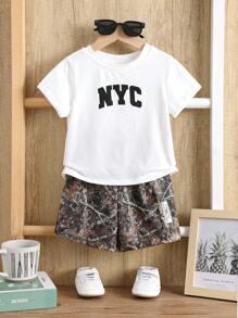 SHEIN 2pcs/Set Baby Boy/Girl Casual Street Sporty Dropped Shoulder Loose Knit Top Tee And Elastic Waist Cargo Pocket Shorts Set, Suitable For Spring/Summer, Homebwear & Outdoor