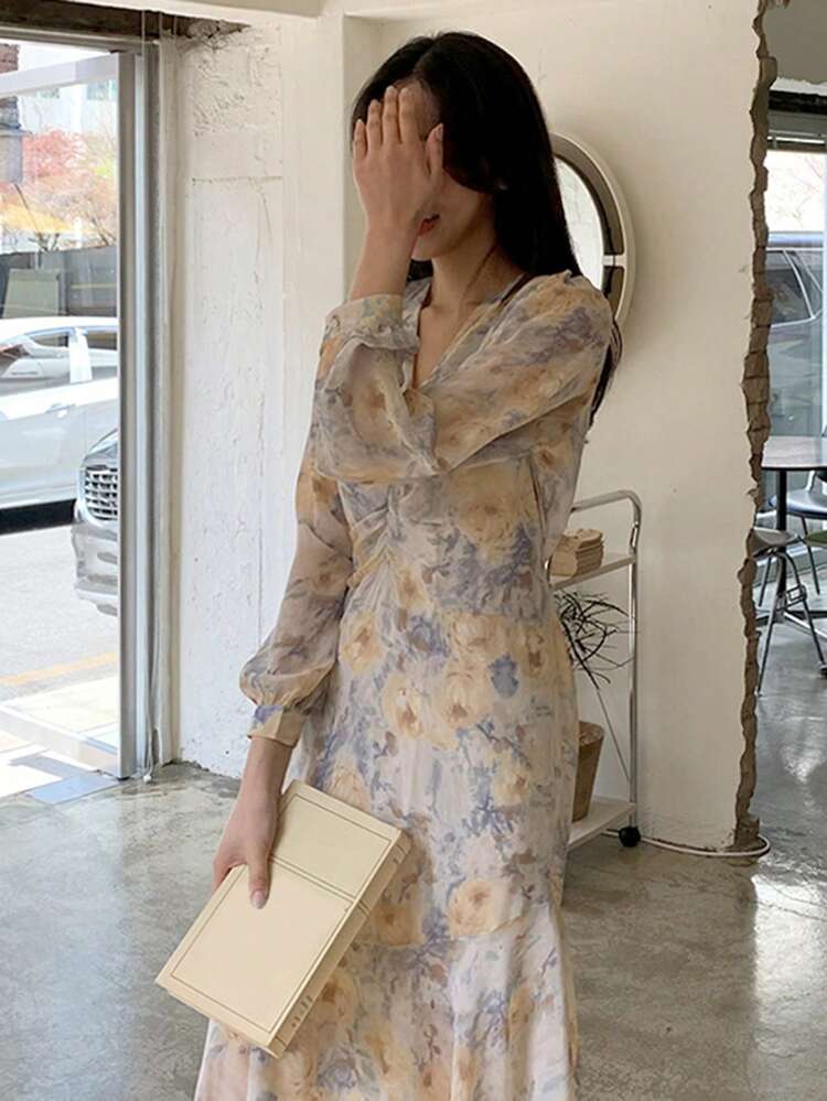 Floral Pattern V-Neck Lantern Sleeve Fitted Elegant Dress For Women,Fall Dress Long Sleeve Dress Maxi Dress Boho
