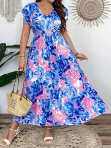 SHEIN Clasi Plus Size Floral Print Ruffle Hem Waist Cinched Summer Vacation Dress,Flowy Dress,Sun Dresses For Women - Blue - View 3
