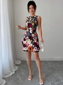 Rafferiza Women's Round Neck Sleeveless Elegant Floral Fitted Mini Skirt