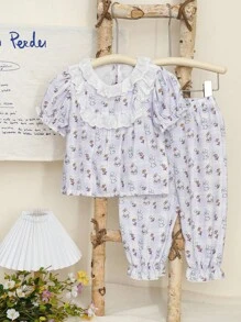 2pcs Baby GirlSoft & Comfy Purple Cute Rabbit Floral Print Top With Embroidered Collar & Back Keyhole Closure,Paired With Pants, Lovely Loungewear Set - Purple - View 5