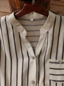 INAWLY 女士条纹印花短袖衬衫 - 卡其色 - 查看 3