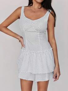 Roylia Fashionable Polka Dot Print Ruffle Hem Slim Fit Jumpsuit - White - View 5