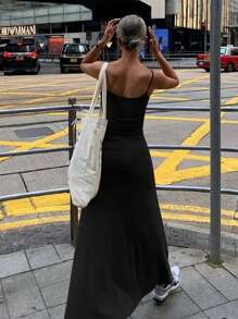 Livesso Đầm maxi dài màu trơn mùa hè mới dành cho nữ, kiểu dáng thường ngày, thích hợp đi biển hoặc nghỉ dưỡng. - màu đen - Xem 5