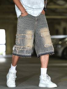 Manfinity Roughcore 男士休闲破洞阔腿牛仔短裤 - 銅色 - 查看 4