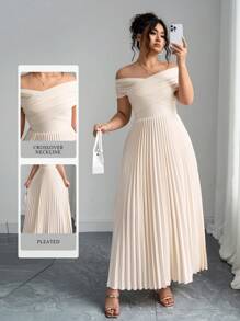 SHEIN PETITE CURVE Plus Size Women Off The Shoulder Ruched Design Dresses, Summer Elegant Formal Dress For Wedding Guest
