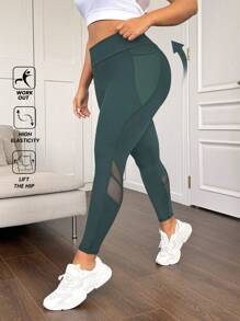 Easithlete Plus Size High Waist Mesh Panel Shaping Leggings With Side Pockets, Tummy Control, Butt Lifting Yoga Women Pants Workout Weight Loss Camouflage - Dark Green - View 7