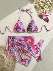 Soleia Women's 3pcs Vintage Leopard Floral Print Halter Neck Tie-Up Wrap Skirt Beach Set - Multicolor - View 1