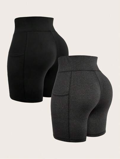 SHEIN SXY 2-pack Biker Shorts voor dames, getailleerde yoga-compressie-workout, atletische gymlegging met één zak