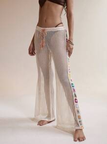 Easelle Pantaloni casual estivi da donna, rett e morbidi, in maglia a griglia all'uncinetto, per vacanze e spiaggia, primavera/estate