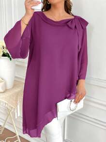 SHEIN Clasi Áo cánh tay dài rộng rãi màu trơn cổ xoắn viền bất đối xứng cỡ lớn dành cho nữ - Màu đỏ tím - Xem 6