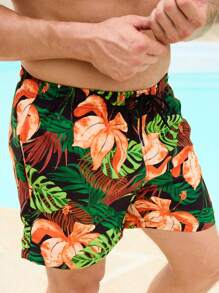Surfspeed Men's Tropical Print Drawstring Waist Beach Shorts, Summer