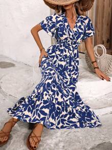 Breezaya Women's Vacation Plant Print Ruffle Sleeve Dress - Blue - View 3