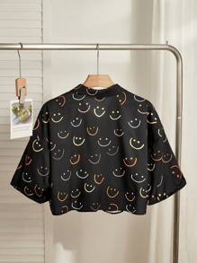 SHEIN EZwear Áo sơ mi đen in hình mặt cười nhiều màu sắc dành cho nữ cỡ lớn - màu đen - Xem 2