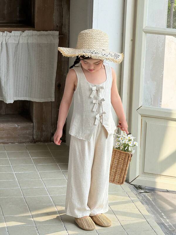 SHEIN 2pcs/Set Young Girl Woven Sleeveless Top And Loose Wide Leg Pants, Solid Color