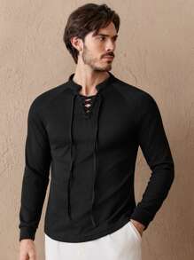 HIMLAND Men's Spring/Summer Solid Color Mock Neck Long-Sleeve Knit Casual T-Shirt With Tie, For Fall - Black - View 6