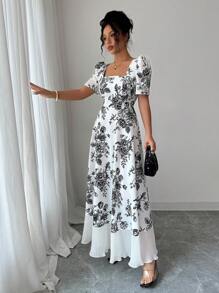 Elenzga Square Neck Printed Long Flowy Dress, Fashion & Suitable For Summer - Black and White - View 5