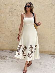 SHEIN Frenchy Vestido de vacaciones con bordado de hojas en los tirantes para mujer, verano