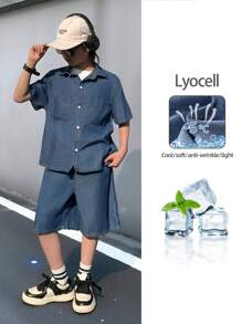 SHEIN Tween Boy 2pcs Blue Fabric Denim Loose Shirt & Shorts Set,Summer Street Life Casual Graphic Street Fashion,School Back-To-School Kids Clothes - Blue - View 5